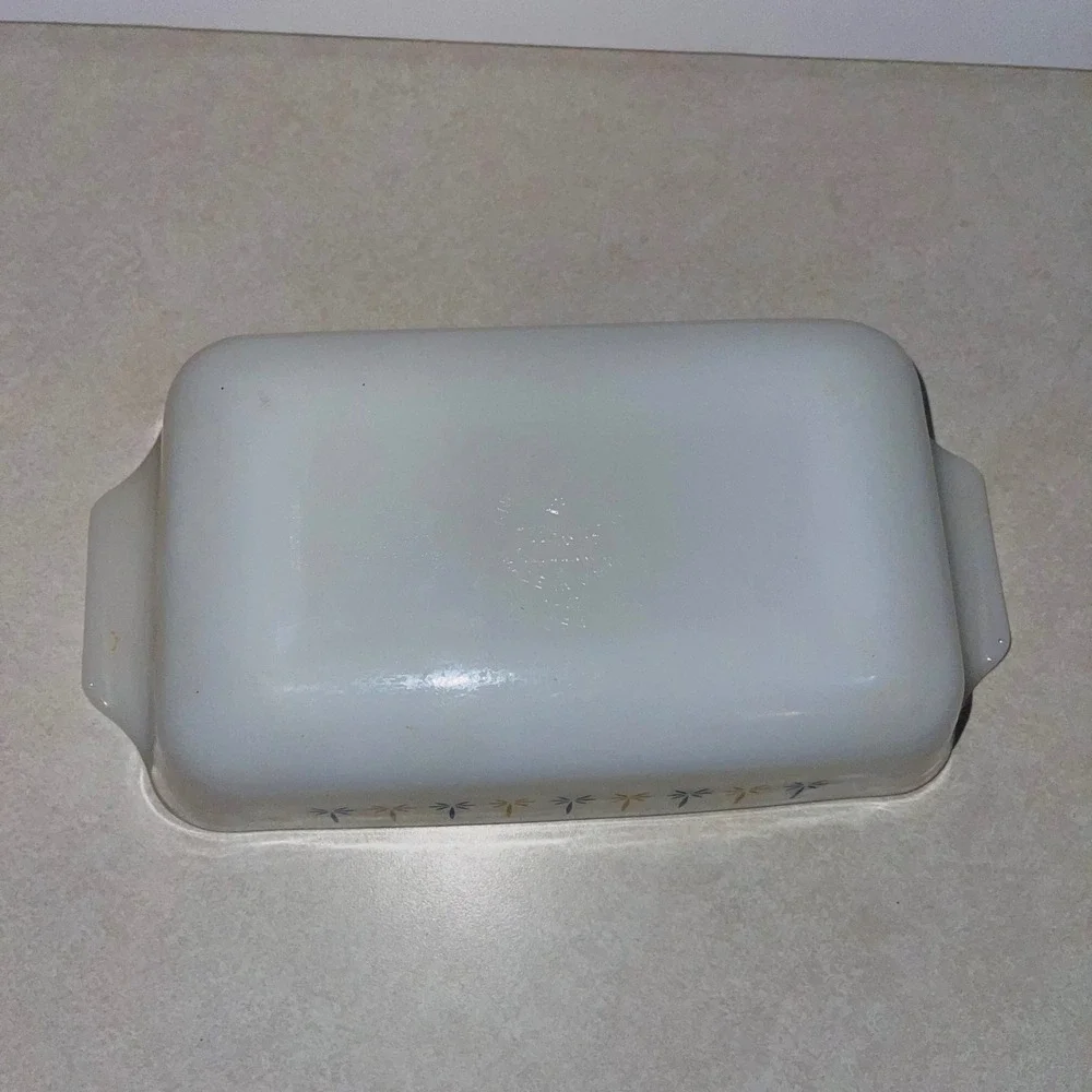 Fire-King Atomic Starburst Milk Glass Loaf Pan White Blue Gold Vintage MCM